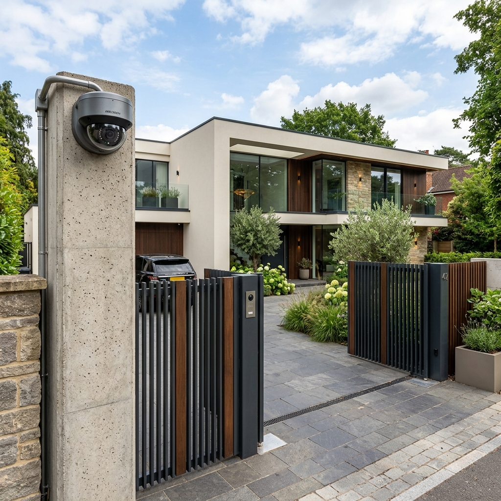 Modern home protected by outdoor CCTV cameras